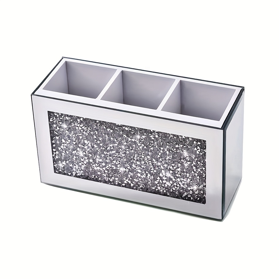 Image of 1pc Bathroom Shower Storage Mirror Crystal Broken Diamond Makeup Brush Holder. Cute Eyebrow Pencil And Pencil Holder Suitable For Home Bathroom Storage Scene Eye Liner Display Cabinet