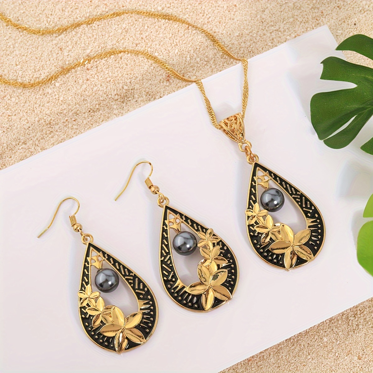 

Hawaiian Style Black Enamel Teardrop Bead Necklace And Earring Jewelry Set, Vacation-themed Floral Drop Accessories For Women