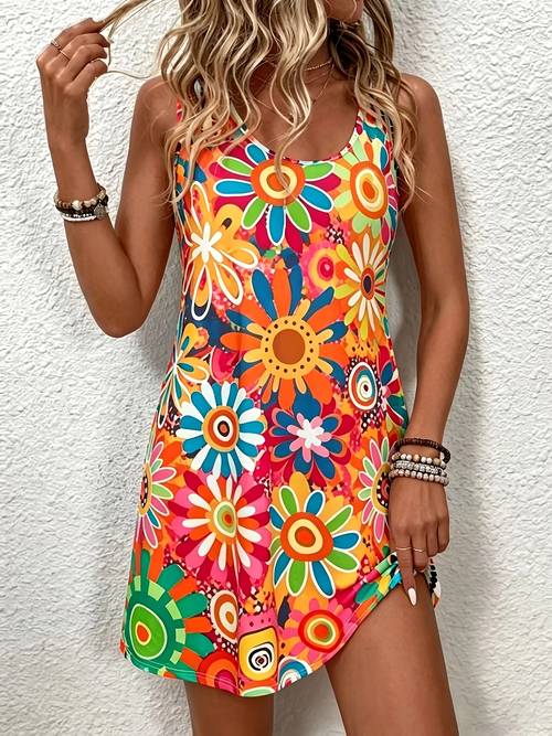 womens european and round neck sleeveless casual tie dye print womens vest dress