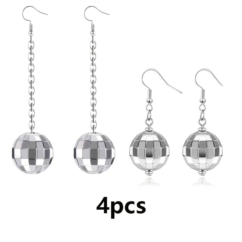 E-shop 4er-Set Damen-Diskokugel-Ohrringe – 70er Jahre Spiegelkugel-Ohrringe, silbrige kugelförmige Ohrringe, Damen-Disco-Accessoires, Ohrhänger,