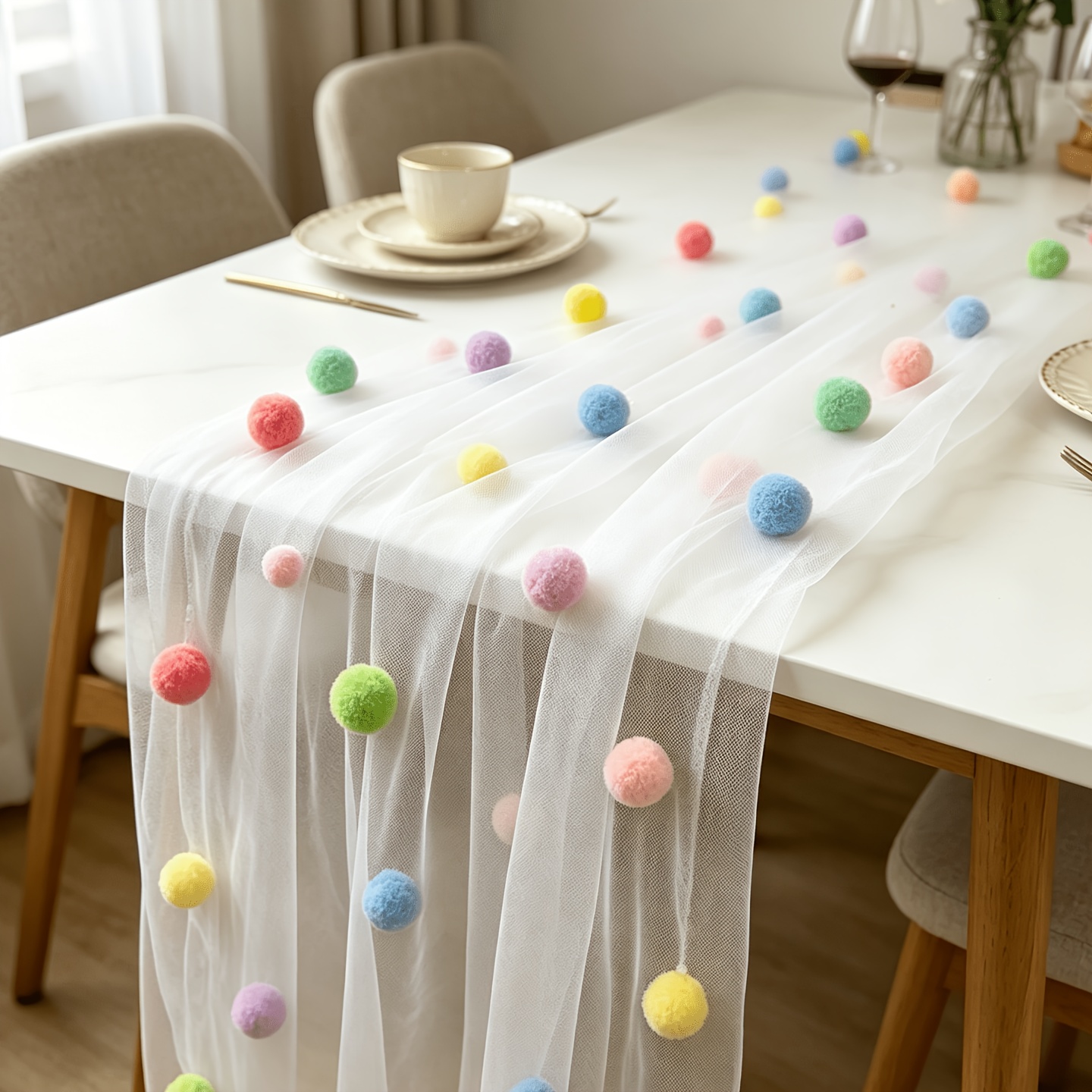 TEMU Romantic And Cozy Colored Polyester Pom-pom Glue-made Table Runner, Suitable For Room, Living Room, Outdoor Garden, Etc. Decoration, Used For