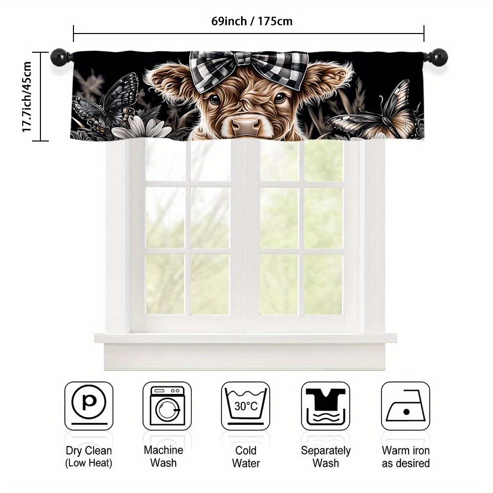 TEMU 2d Flat - 2d Flat - 1pc Highland Cow Floral Valance Curtain 2d Flat Printing Pocket For Rod, Fits Kitchen, Graduation Ceremony, Bedroom, Room