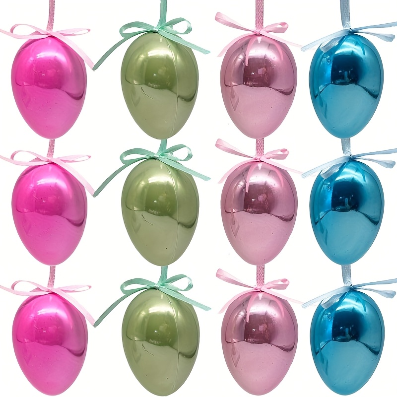 12pcs Shiny Macaron Easter Hanging Egg Ornaments, Handcrafted Hanging Tree Decorations, Holiday Party Decor