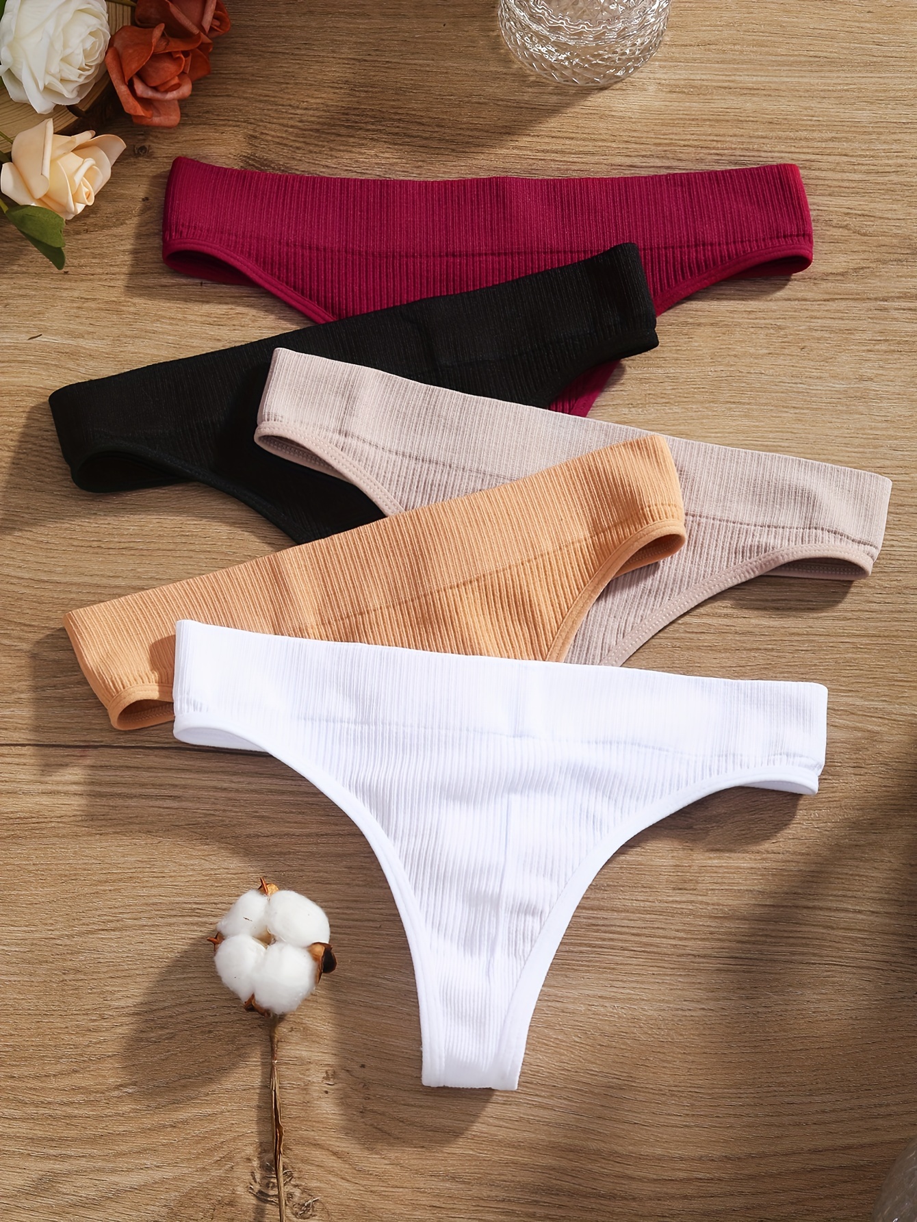 5pcs Solid Ribbed Thongs, Comfy & Breathable Low Waist Intimates Panties,  Women's Lingerie & Underwear