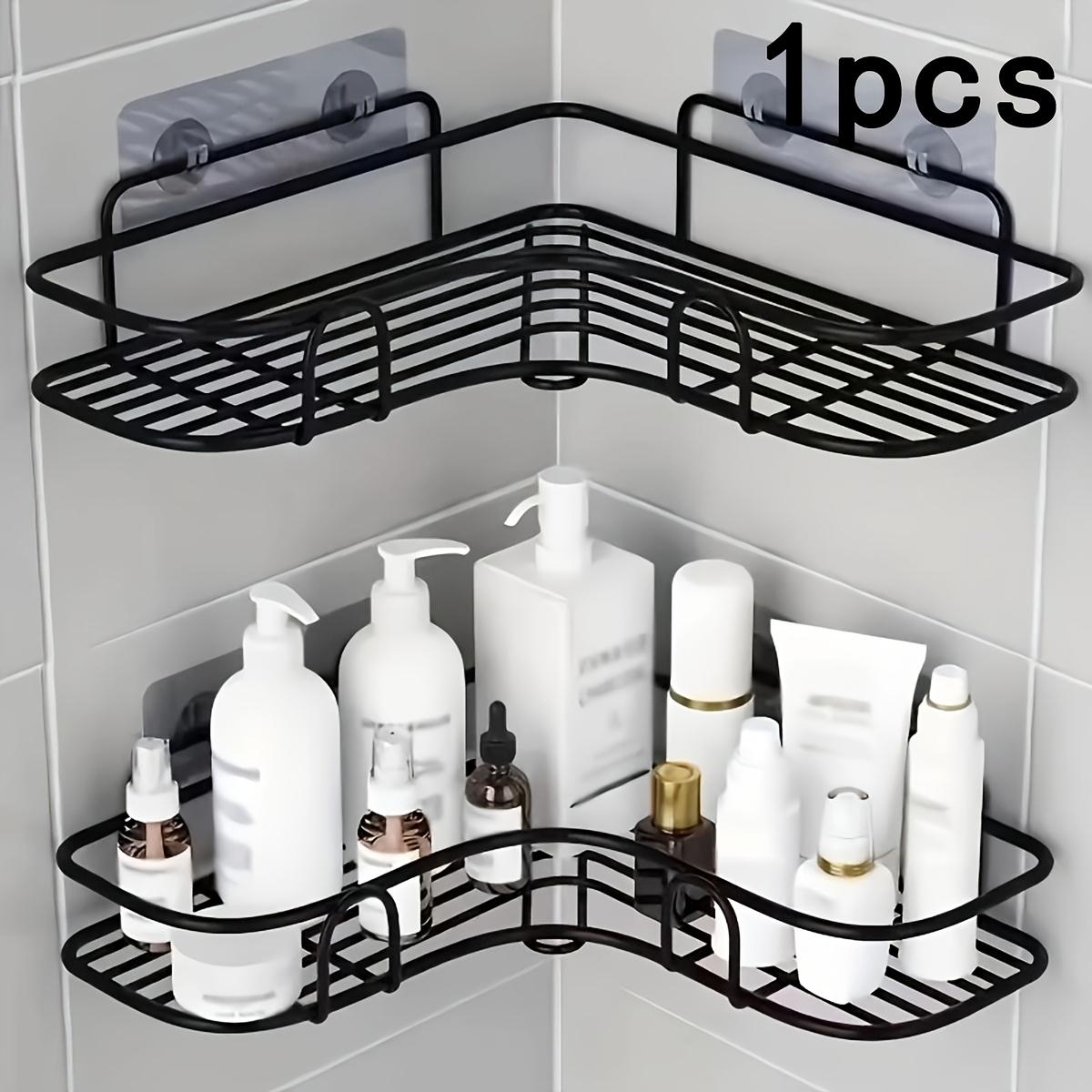 1pc of Large Black Metal Wire Mesh Design, Wall-Mounted Bathroom Storage Rack That Requires No Drilling, Convenient for Taking And Organizing, Suitable for Shampoo And Conditioner