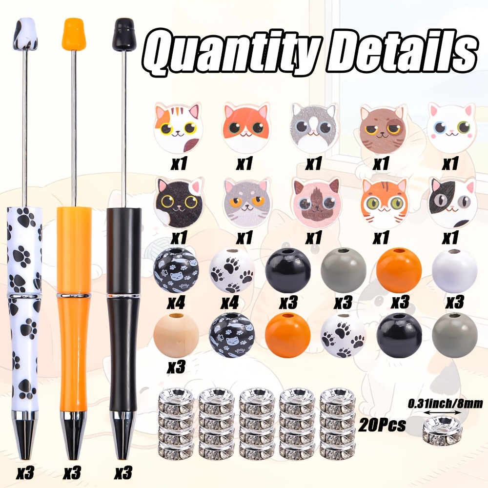 TEMU 9pcs Colorful Cute Cat Themed Dly Bead Black Ballpoint Pen And Wooden Bead Setsuitable As Party And Birthday Gifts, Office And Study Supplies
