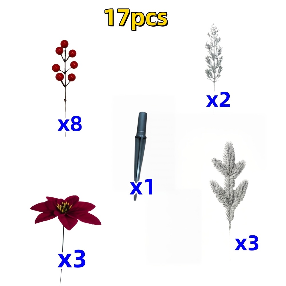 TEMU 17-teiliges Set - Künstliche rote Poinsettia mit hängendem Frost-Schneeturm, und roten , mit Erdspießen, Indoor- und Outdoor-Zweigdekoration für