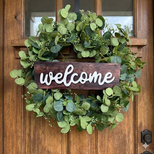 green eucalyptus leaf wreath with welcome sign 18 inch artificial eucalyptus wreath spring summer wreath for front door wall window farmhouse festival porch patio garden decor green door wreath spring decoration valentines day ramadan decorations