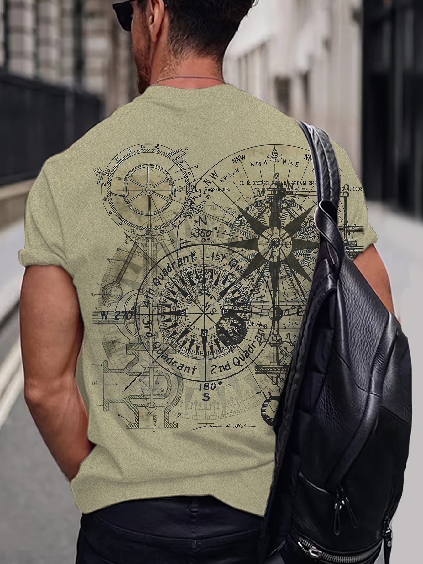 HXMRBY Men's 3D Compass & Nautical Graphic T-Shirt - Light Green Casual Short Sleeve Tee with Digital Print, Breathable Summer Outdoor Shirt, Machine Washable Regular Fit, Sea T Shirt, Everyday Fashion, Modern Design, Durable Material, Printed Top, Urban Style, PLUS SIZE