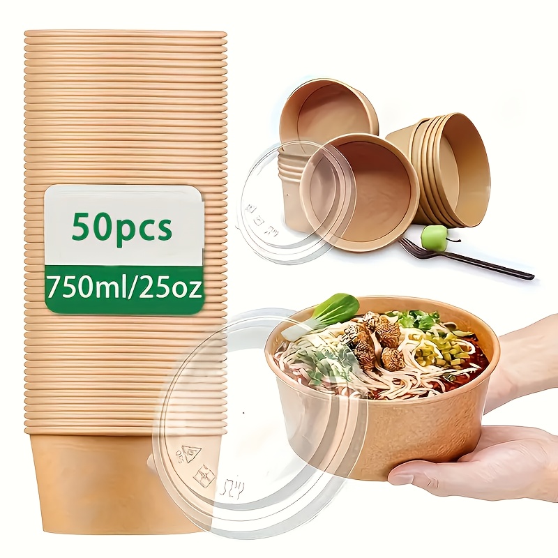 Image of 25oz 750ml Paper Bowl With Lid - 25/50 Pack, Disposable Tableware Suitable For Hot/cold Food, Soup, Salad - Essential For Parties , Safe Lid, Leak-proof Design