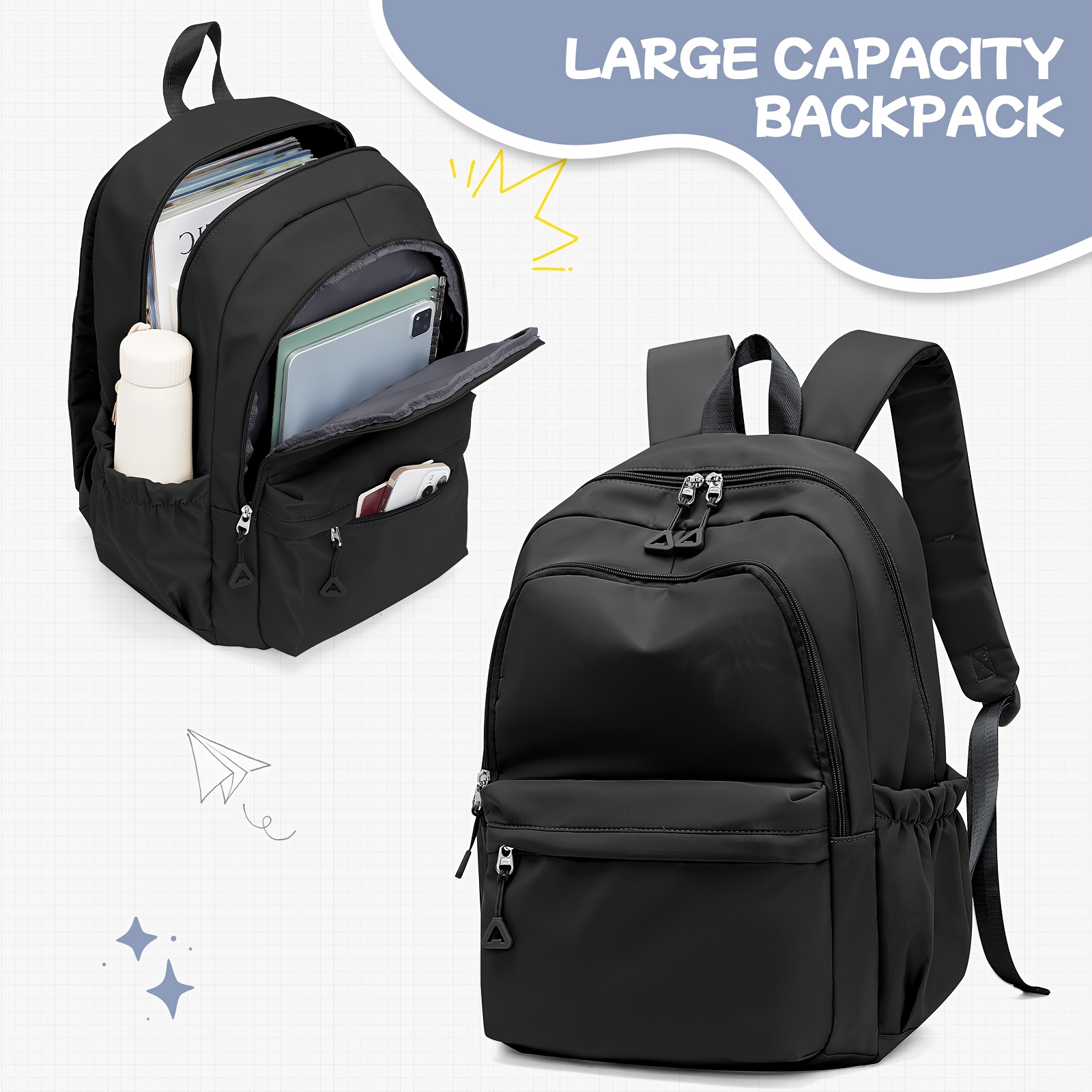 Image of A Female Black Backpack, Laptop Bag, School Bag, Casual Backpack, Lightweight Travel Backpack, Unisex Double-shoulder Bag, Suitable For Campus And Travel