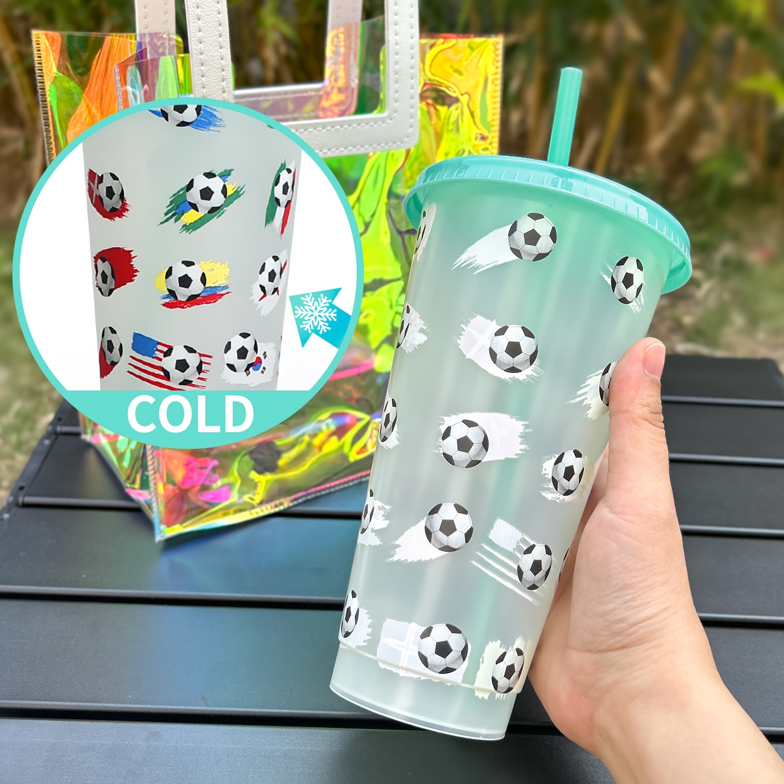 

1pc, Football Color Changing Tumbler With Lid And Straw, 710ml/24oz Soccer Water Bottle, Pp Plastic Water Cups, Summer Winter Drinkware, Travel Accessories