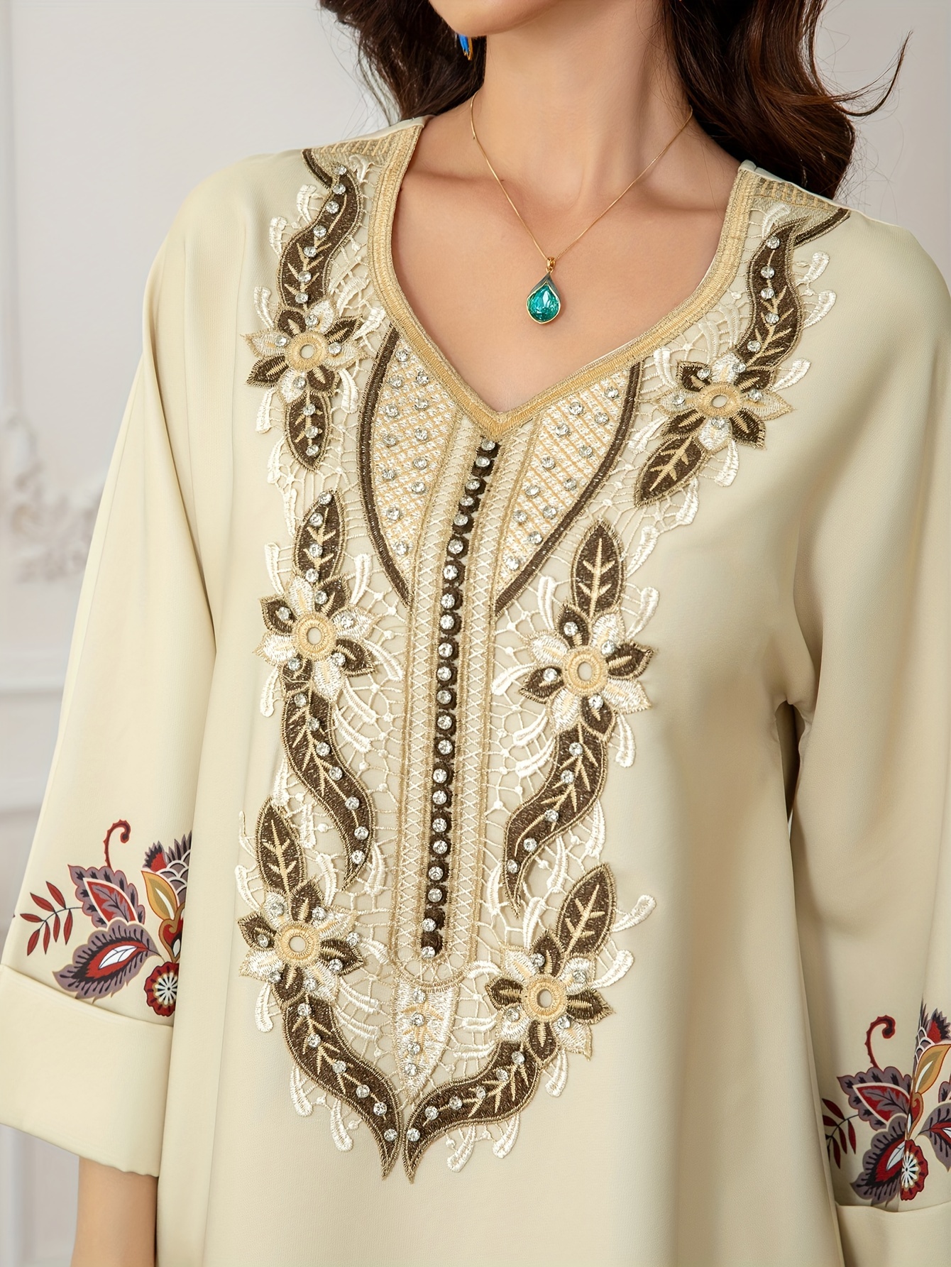 new   style saudi muslim womens robe fashionable light luxury elegant     embroidered v neck abaya dress   regular full floral print straight sleeve arabic womens long dress jalabiya