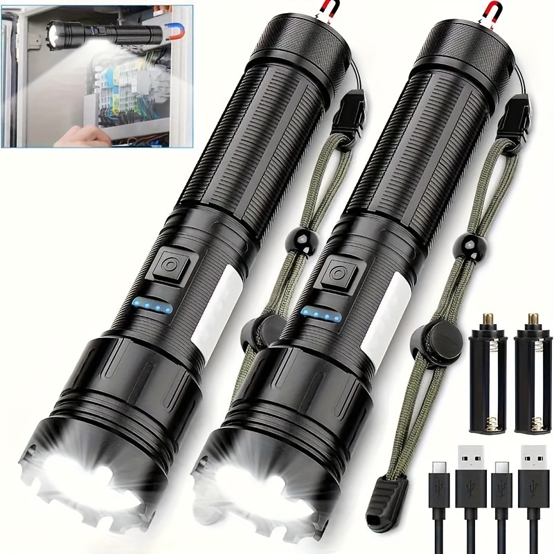 

2pc Magnetic Rechargeable Flashlight High Lumens, Xhp50.2 Super Bright Led Tactical With Cob Work Light, Usb C Fast Charging, Waterproof, Zoomable, 7 Modes Best For Camping Hunting