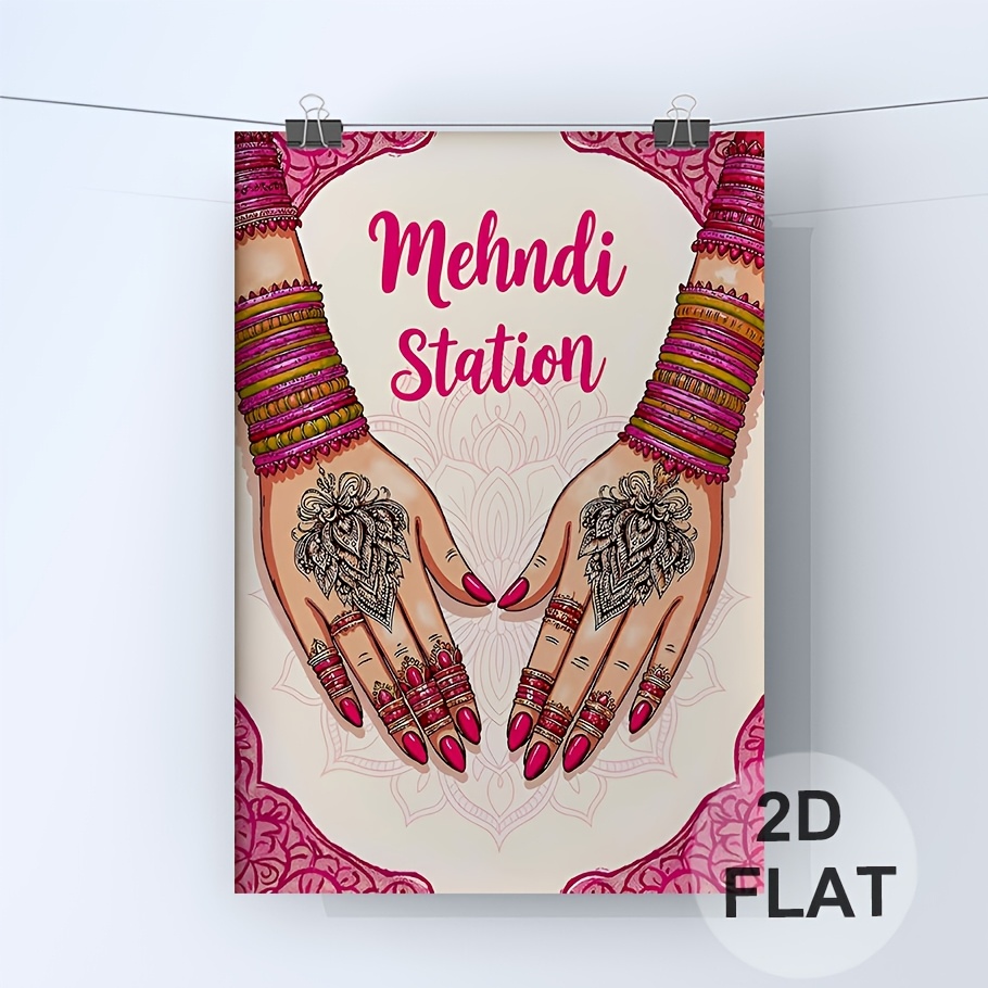 TEMU 2d Flat, 2d Flat, Frameless 2d Flat Canvas Prints Poster Featuring Pink Mehndi Decor For Weddings, Including Elements Like Dholki, Chudiyan,