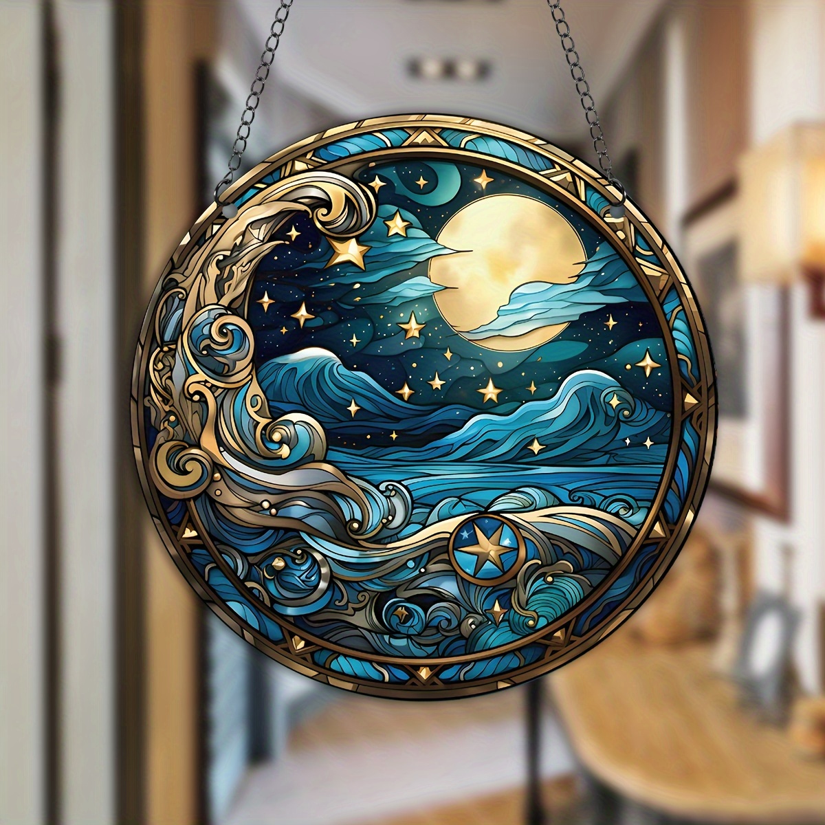 

1pc, Moonlit Night Acrylic Hanging Sign, Suncatcher, Stained Window Hanging, Acrylic Holiday Decor, Round Sign, Wreath Sign, Hanging Decor, Window Decor Porch Decor Wall Decor, 5.9 In/15cm