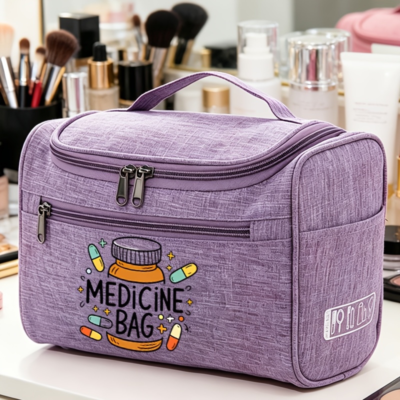 TEMU Cartoon Fun Medicine Bottle Letter Print Toiletry Bag, Stylish And Fresh Handheld Makeup Pouch With A Slight White Border On The Print, Large
