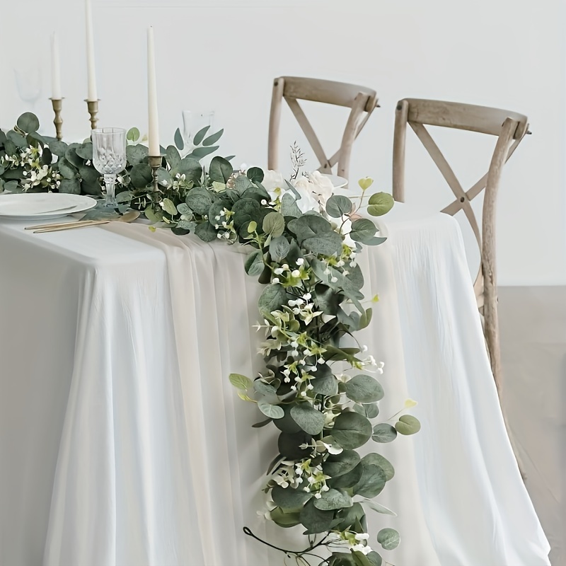 

5.9ft Eucalyptus Garland With White Flowers - Dollar Leaves & Gypsophila, Faux Greenery Vine For Wedding, Party Decor, Mantle, Table Runner, And Home Decoration