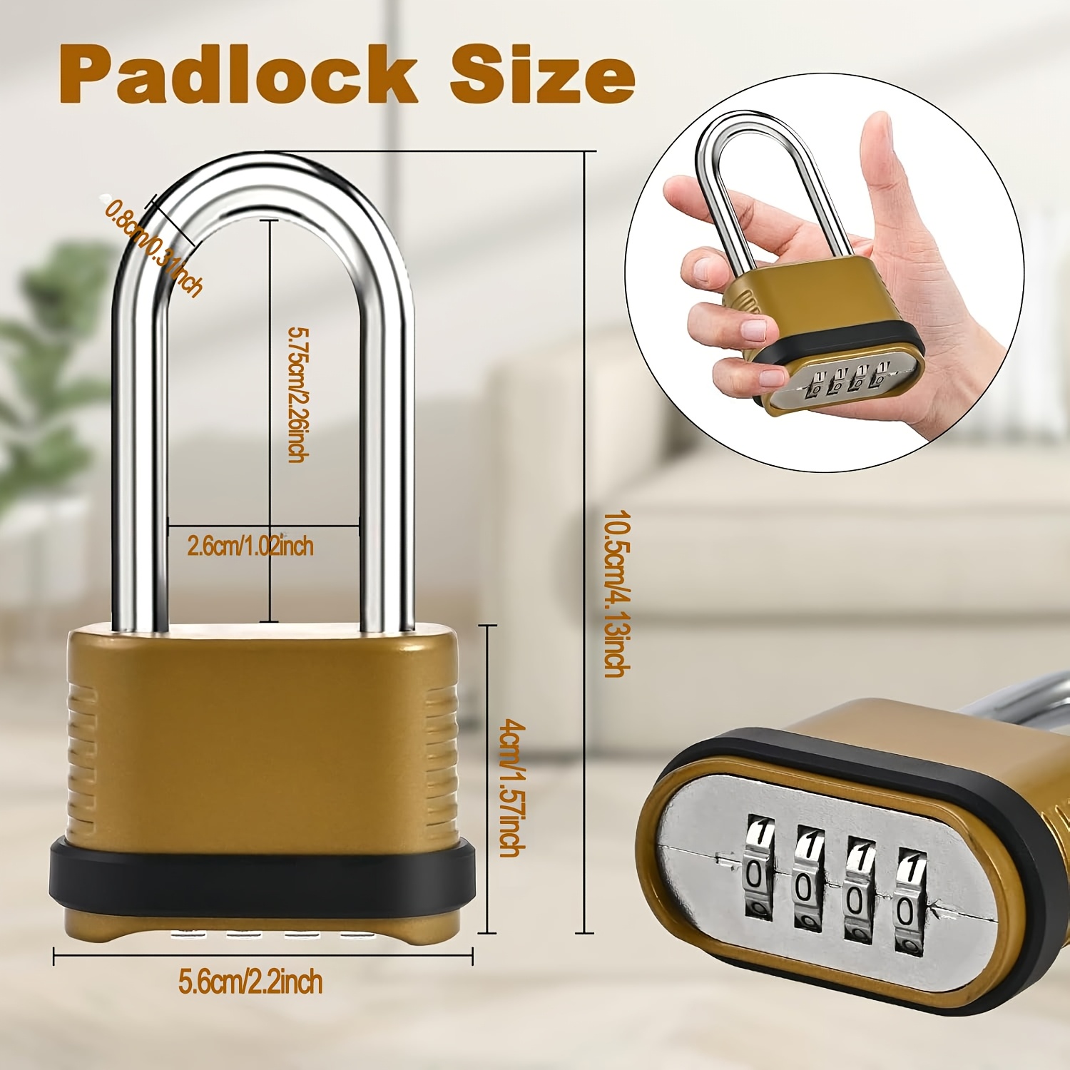 TEMU 4 Digit Heavy Duty Combination Lock - 105mm Long Shackle /72mm Short Shackle Weatherproof Combination Padlock, Outdoor Combo Lock For Storage