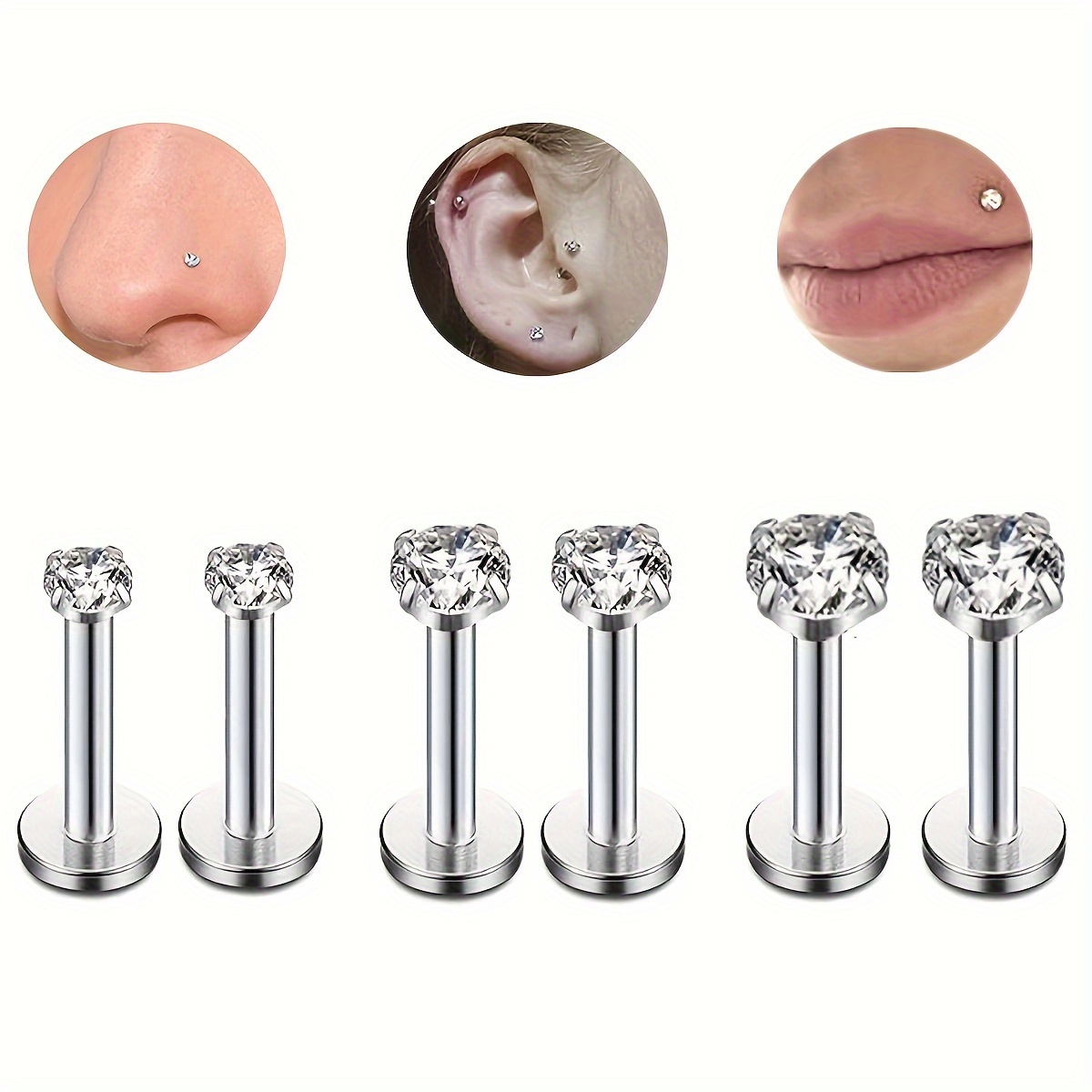 

6pcs Set Stainless Steel Labret Nose , Synthetic Cubic Zirconia Lip , Ear Piercings, Body Jewelry For All