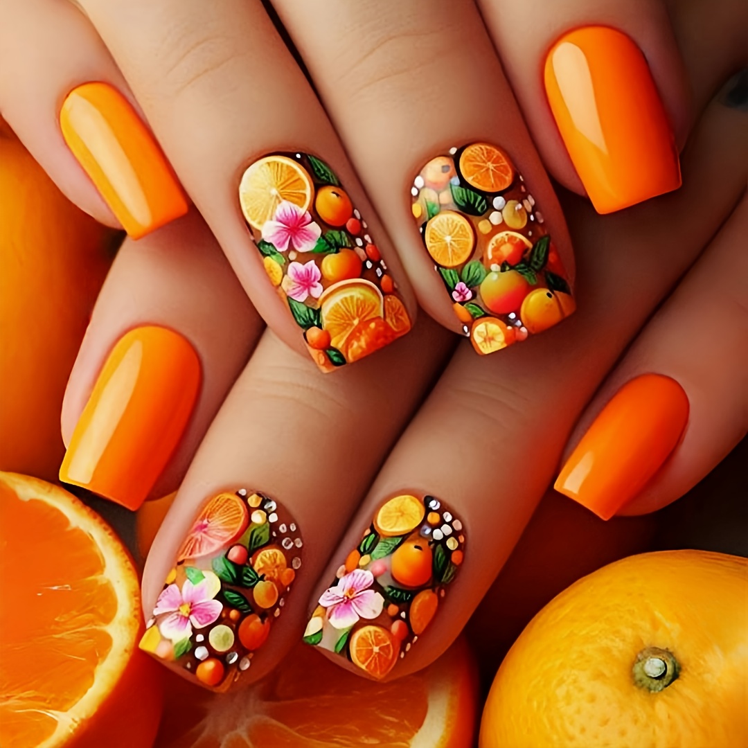 And Summer, Orange Fruits Like Oranges Come With 24pcs Of Press-on Nails
