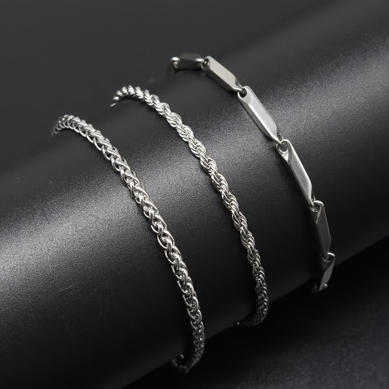 

3-piece Set Men's Stainless Steel Bracelets, Fashion Style, 19cm Length, 3.0mm Twisted Rope Chain - No Plating, No Mosaic Material, Non-magnetic