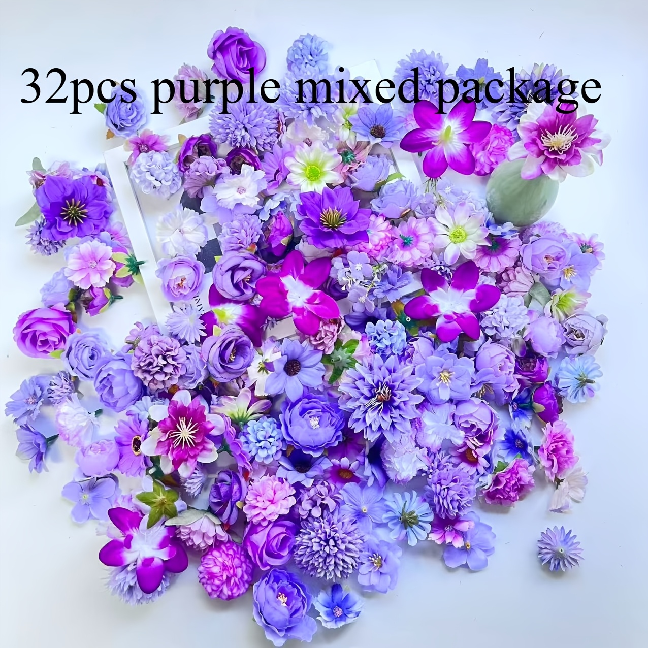 32pcs Polyester Simulated Flower Heads | Colors Including Roses, Daisies, Suitable For Holiday, Wedding, Home Decor, Tabletop Placement