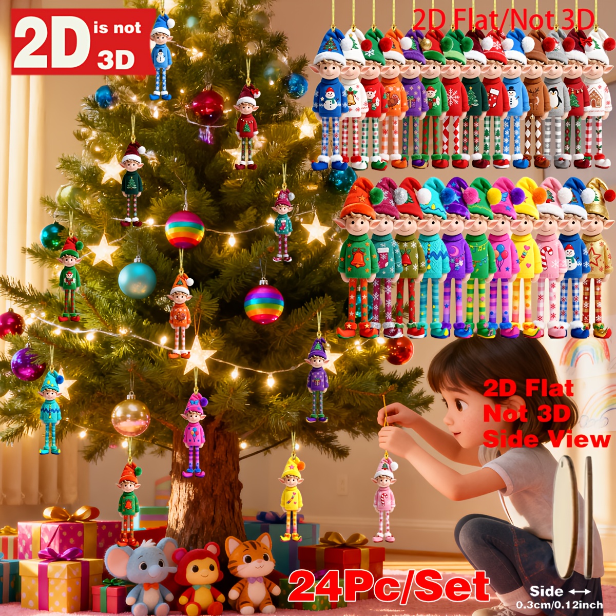 TEMU 2d Flat, 2d Flat 24pcs Colorful Cute Christmas Clown Elf Artificial Wooden Christmas Tree Topper Decorations Perfect For