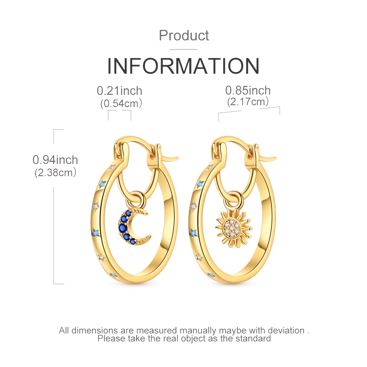 Women's 18K Gold Plated Sun and Moon Pendant Hoop Earrings