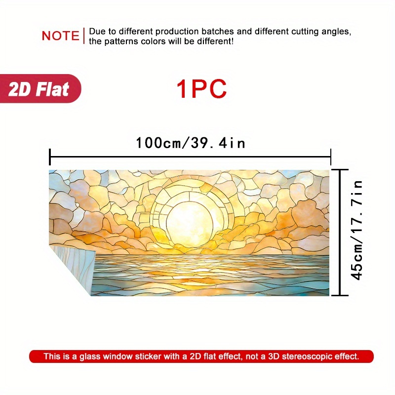 TEMU 1pc 2d Flat Window Sticker Sunset Over Water With Clouds Stained Glass Window Film, Static Sticker Door And Window Decoration, 39.4 X 17.7