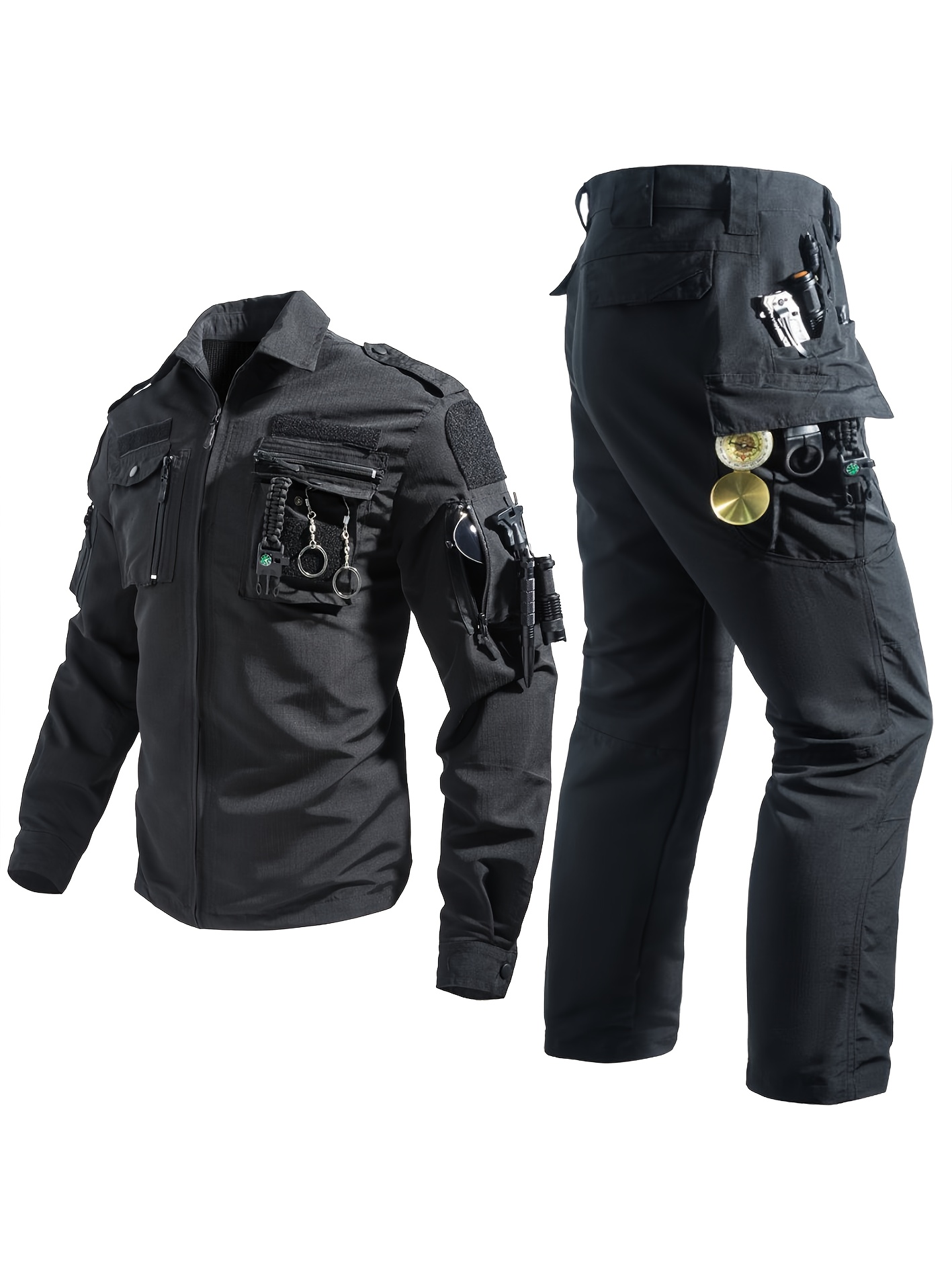 2pcs outdoor   set mens and womens training long sleeve pants two piece multi pocket durable   fit workwear suitable for training camping outdoor activities black 0