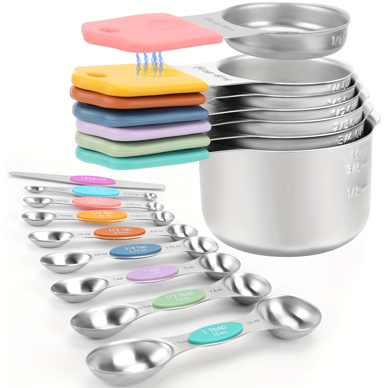 

8+8 Magnetic Measuring Cup And Spoon Set, Heavy-duty 304 Stainless Steel Measuring Cup Set With Measuring Scale, 16 Piece Set With Level For Measuring Dry Lamp (color)