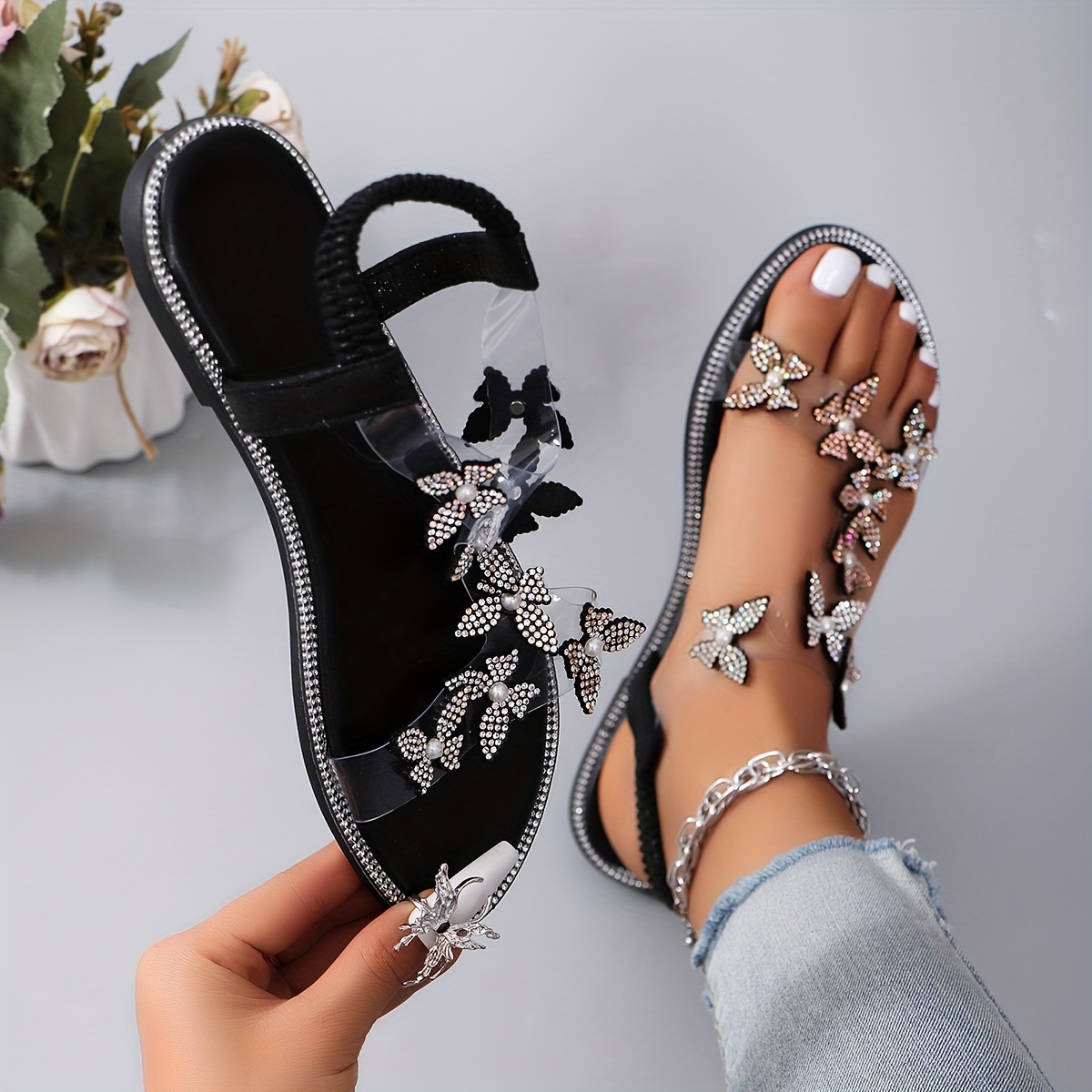 Women's *-Embellished Ankle Strap Sandals Slip-On Open-Toe Flat Sandals  with Transparent Straps, Synthetic Cover Upper Rubber S