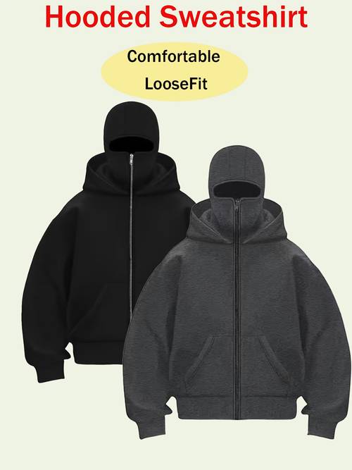 1pc windproof mens zip up hooded jacket with mask double layer hooded sweatshirt long sleeve zip regular fit front pocket loose fit machine washable windbreaker hoodie for fall and winter