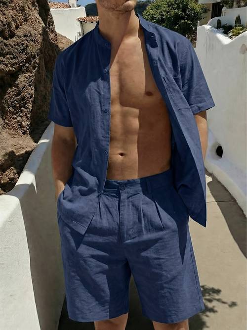 herren leinenhemd mit stehkragen, knopftasche, kurzarm und leinenshorts 2-teiliges set, atmungsaktives und bequemes gewebe, für frühlings- und sommerausflüge, urlaubsreisen, strand, tägliche freizeitkleidung, modischer herren-freizeitanzug