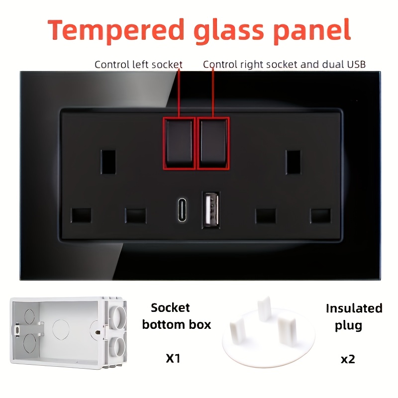 Black Tempered Glass British Socket with Switch 13A 250V with USB+typeC Square Hole   Plate   Three-Prong British Dark Mount Suitable for Home, Hotel, Office