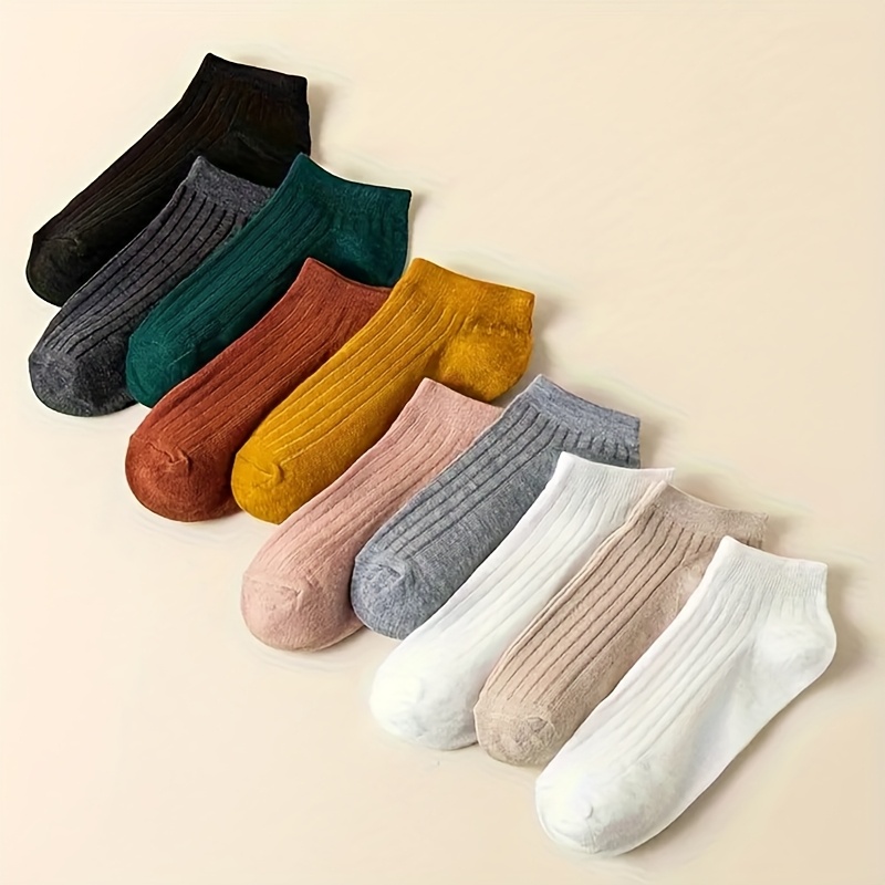 TEMU 10-pair Pack Women's Spring/summer Thin Low-cut Chunky Stripe Solid Color Short Socks, Trendy Versatile College Style Vintage Ankle Socks