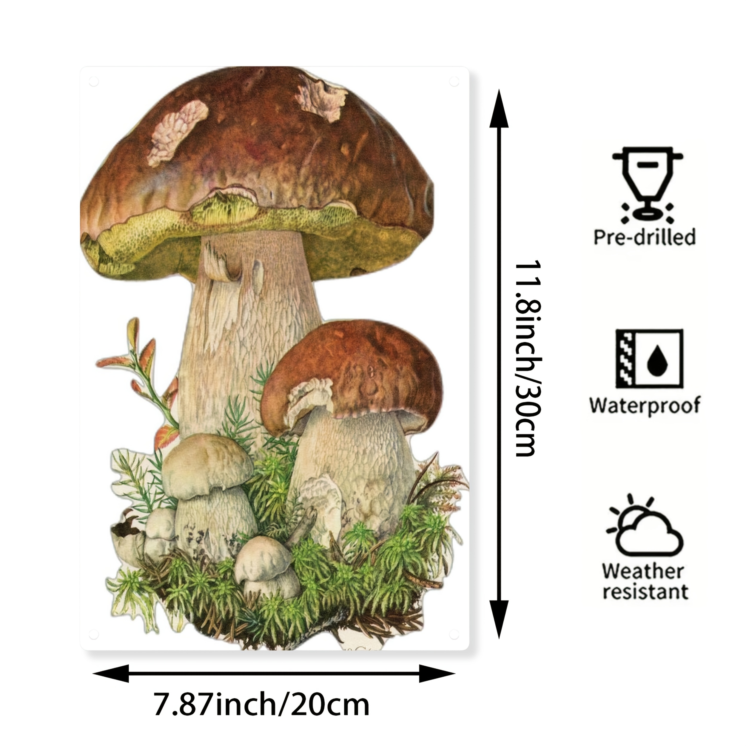 TEMU 2d Flat, 1pc Vintage Mushroom Wall Art - 20.32x30.48cm (8"x12") Brown/ & Moss With Green Foliage, Flat Iron Metal Sign For Indoor/outdoor Home