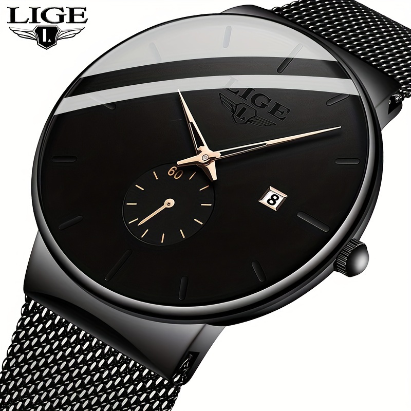 *'S Quartz Watch with Stainless Steel Strap Minimalist Black Dial, Date  Display, Luminous Hands, IPX8, Accurate Alloy Case,