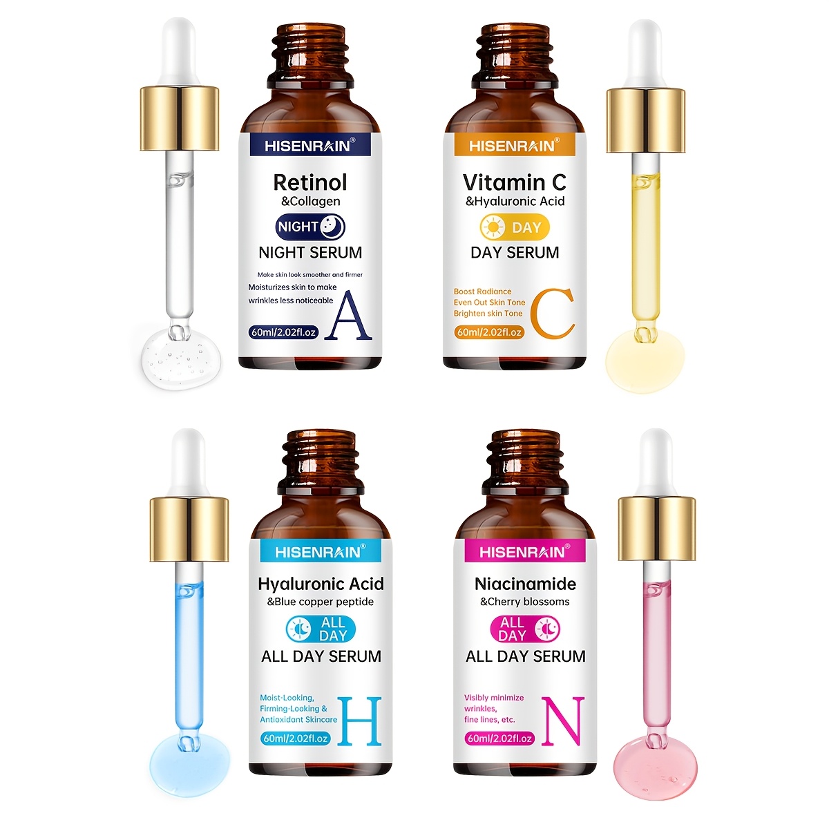Image of Hisenrain 4pcs Vitamin C + Retinol + Hyaluronic Acid + Niacinamide Serum Set, With Collagen & Aloe. Brightens, , Hydrates, Evens Light Beige. Gentle Oil-free Formula, Suitable For Types, Unisex For .