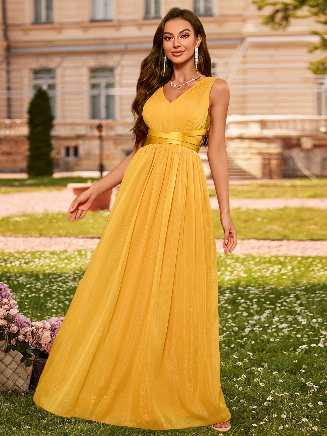 V-Neck Solid Color Chiffon Ruched Waistband Decorative Strip Cinched Waist  Flared Evening Party Dress Long Dress