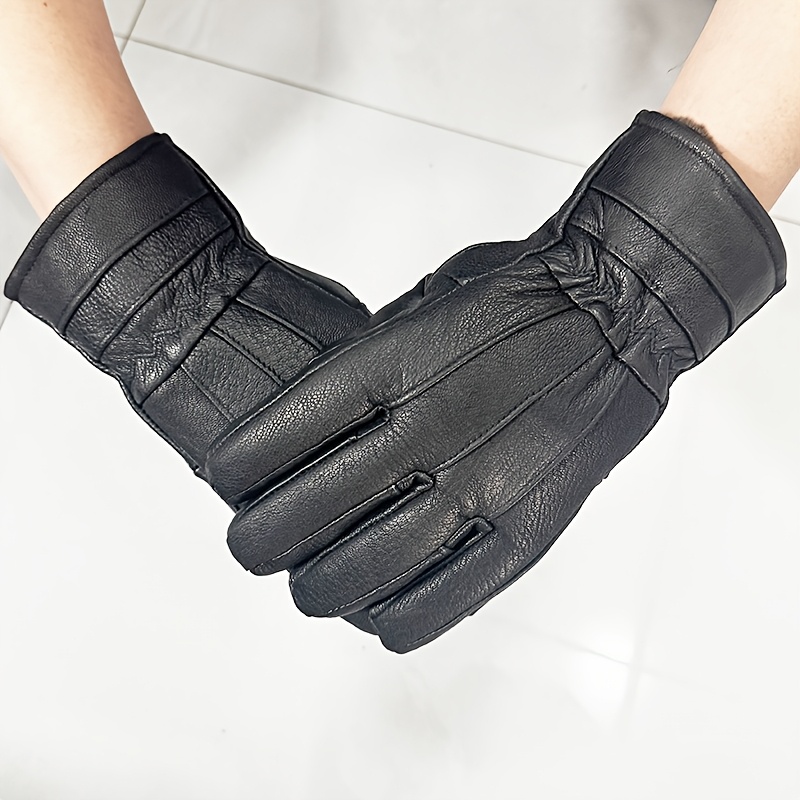 TEMU Genuine Leather Gloves For Men, Winter Style, Fleece-lined, Thickened, Warm, Suitable For Cycling, Driving, And Motorcycling, Windproof And