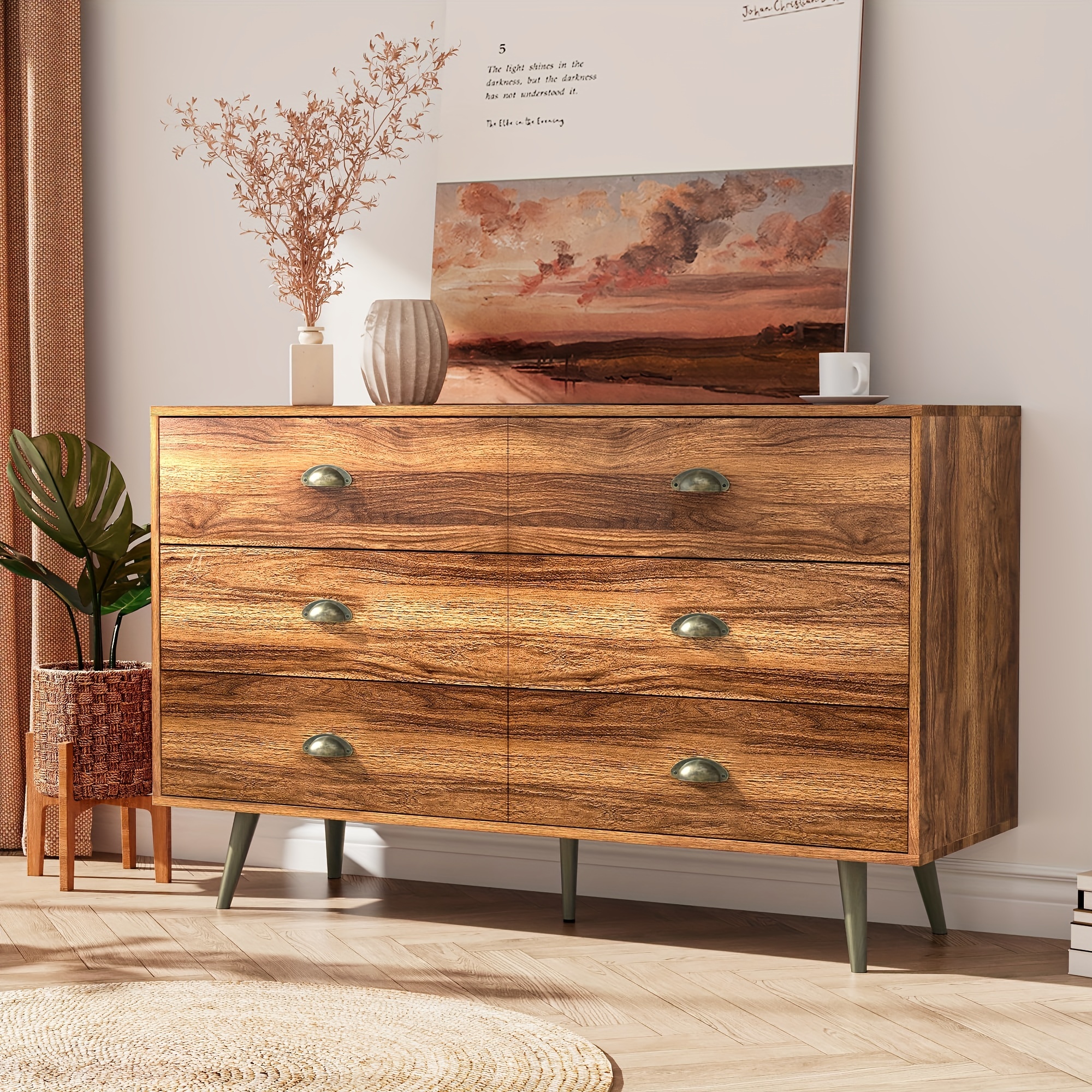 

Dresser For Bedroom With 6 Drawers, Dresser With Gold Handles, Wooden Dressers & Chest Of Drawers Organizer For Entryway, Walnut Wood