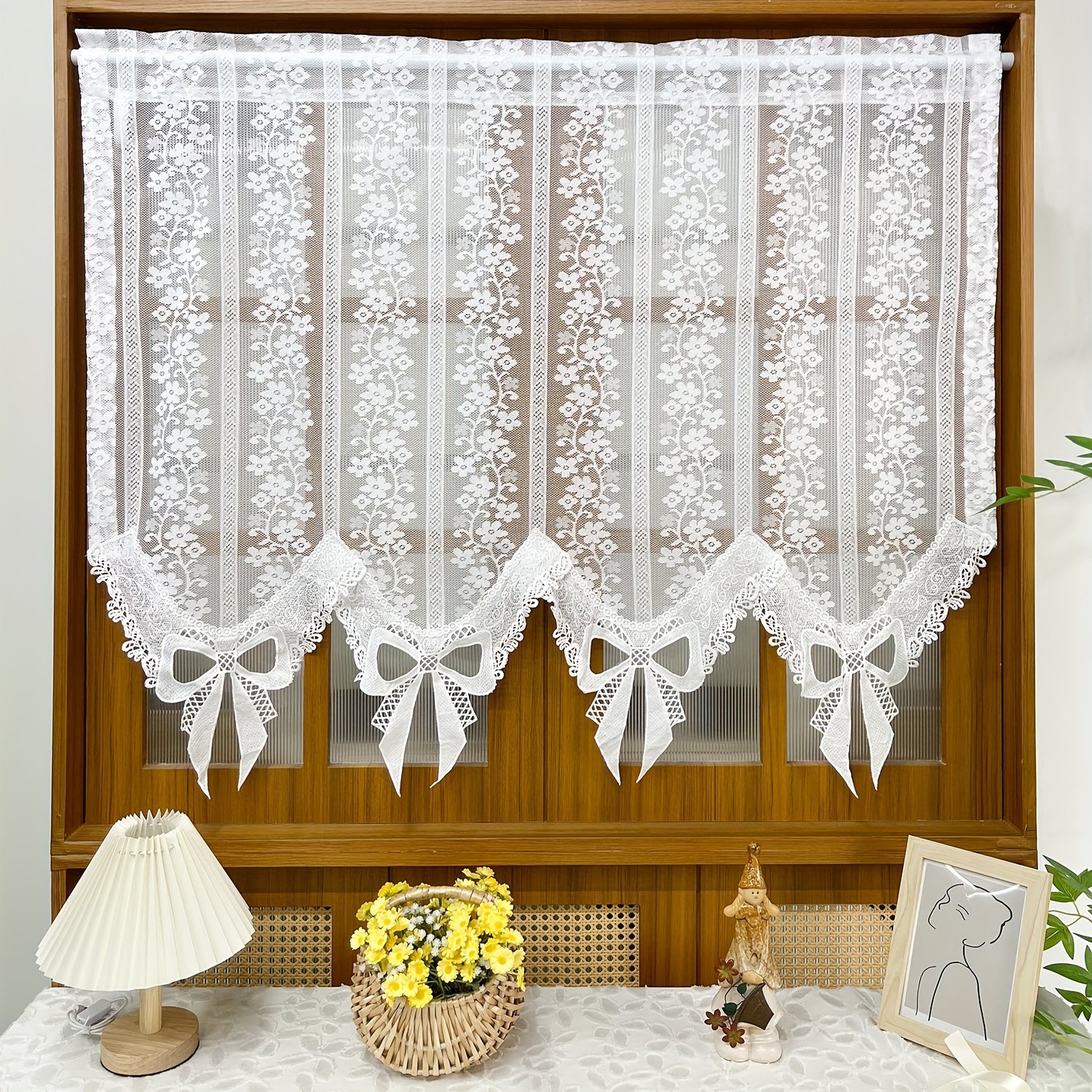 Image of 1pc, Modern Romantic White Delicate Floral Short Valance With Bow And Lace Hem, Rod Pocket, Suitable For Kitchen, Living Room, Bedroom Small Window Home Decor