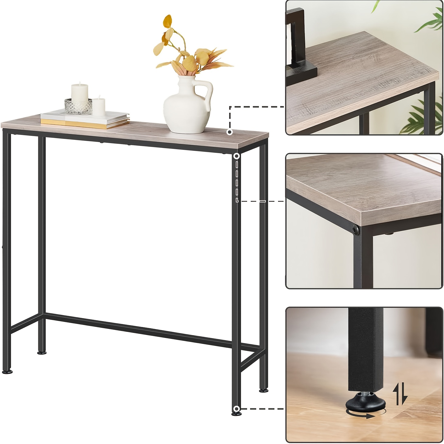 Mesa de Consola con Estante, Mesa Estrecha para Entrada, Mesa Pequeña para Sofá, Adecuada para Pasillo, Sala de Estar, Dormitorio, Entrada, Un Solo Piso - Gris y Negro