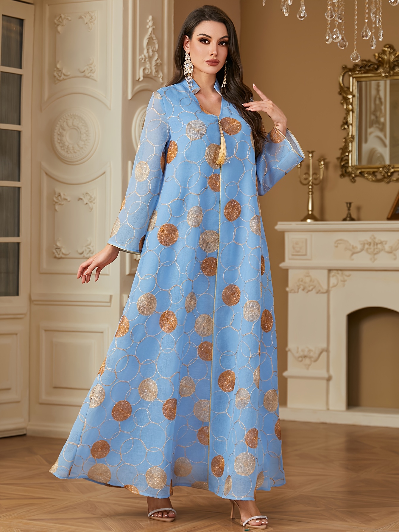 long sleeve dress fashionable stand collar gold thread - Temu Italy