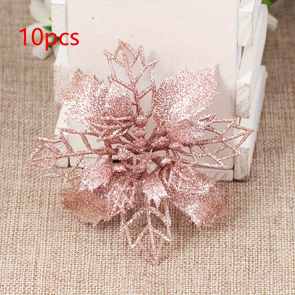 TEMU 10pcs 9cm Artificial Christmas Flowers Glitter Xmas Tree Flowers Christmas Tree Ornaments For New Year Xmas Tree Wedding Decor, Halloween Decor