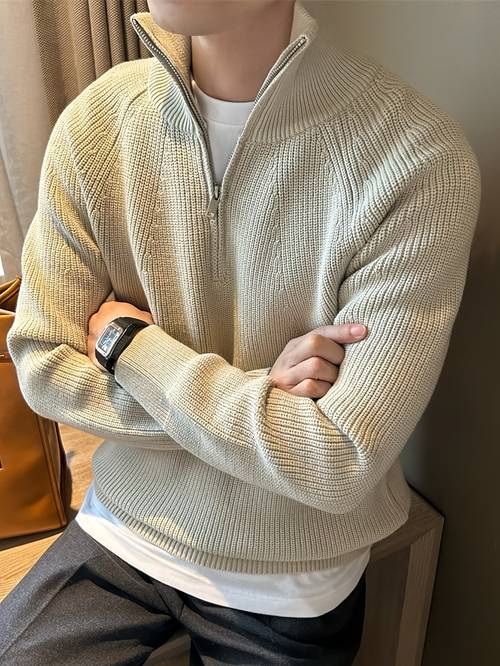 Artikelbild herren freizeitpullover aus dickem strick in einfarbiger ausführung mit reißverschluss vorne - herbstmode im minimalistischen stil, pullover mit mittlerem stretch für täglichen , klassisches ausschnitt-design
