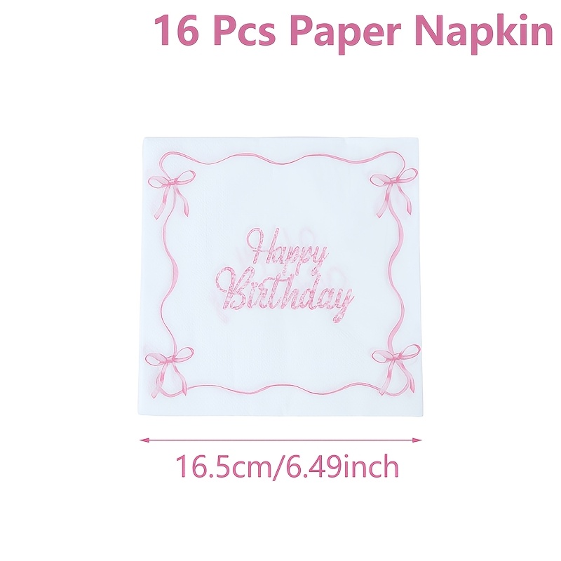 16pcs,pink Bow Happy Birthday Party Paper Napkins,home Table Disposable Napkins,pink Bow Theme Birthday Party Decor,party Table Supplies,party Favor