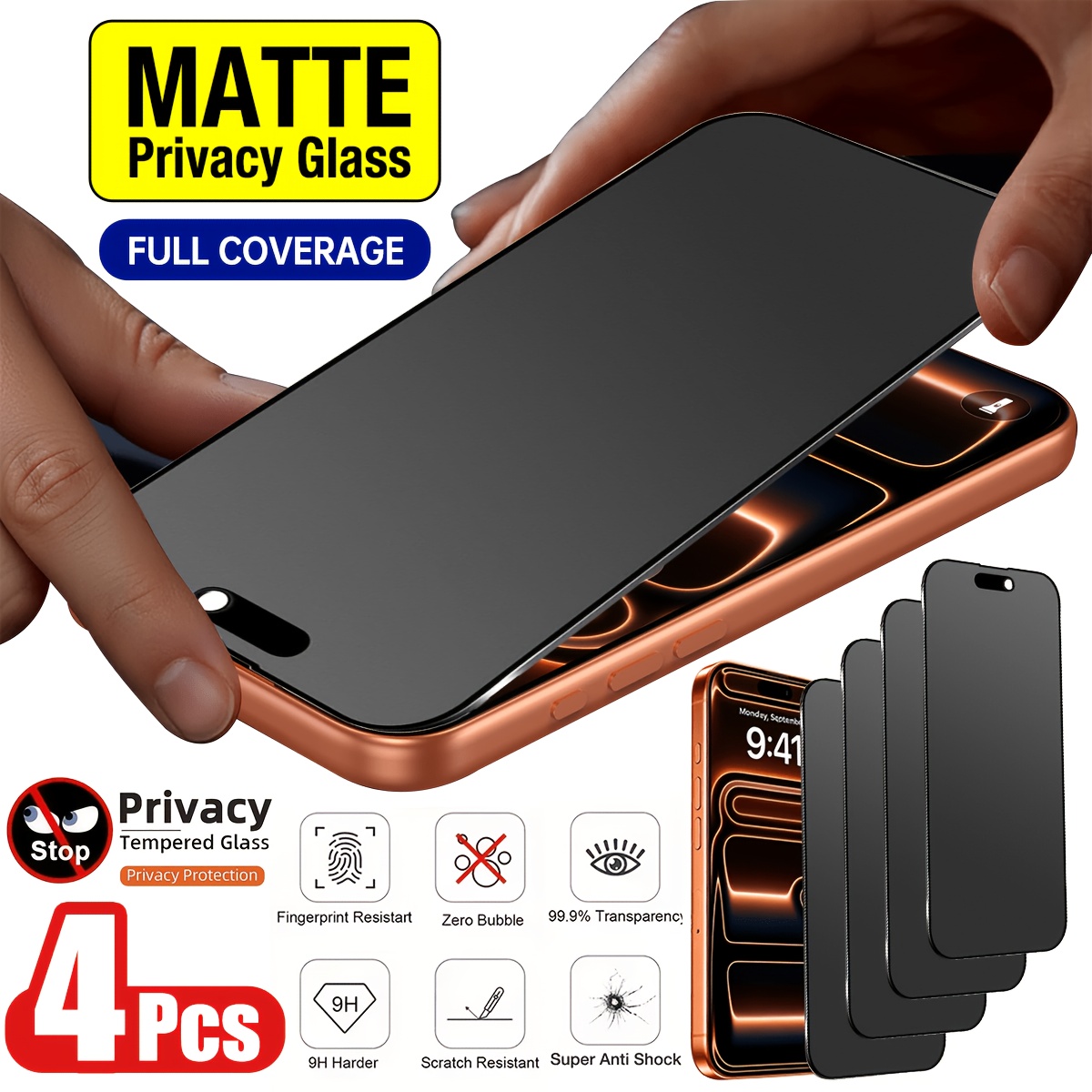 Image of 4pcs Frosted Anti-spy Matte Tempered Glass, Frosted Anti-peeping, Full Coverage, , Compatible With For Iphone 17 Pro Max/17 Pro/17 Air/17/16e/16 Pro Max/16 Pro/16 Plus/16/15 Pro Max/14 Pro Max/14 6.1"